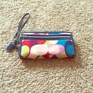Coach Multicolor Signature C Print Wallet with Wrist Strap Navy Leather Trim